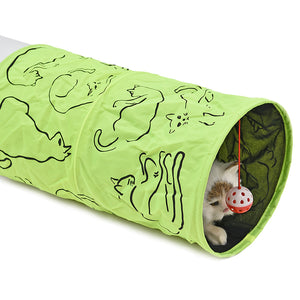 Cat Printed Green Lovely Crinkly Kitten Tunnel Toy With Ball