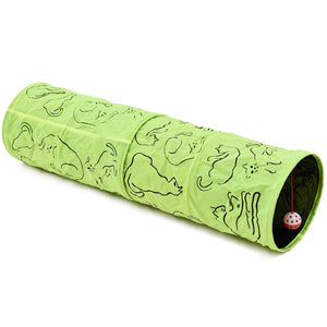 Cat Printed Green Lovely Crinkly Kitten Tunnel Toy With Ball