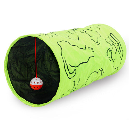 Cat Printed Green Lovely Crinkly Kitten Tunnel Toy With Ball