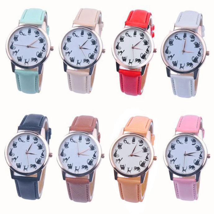 Women Lovely Cat Leather Sport Quartz Wrist Watches