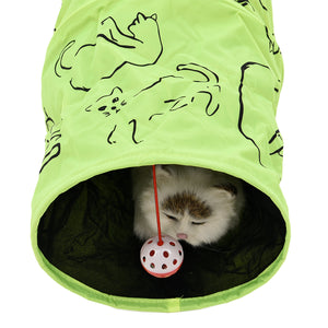 Cat Printed Green Lovely Crinkly Kitten Tunnel Toy With Ball