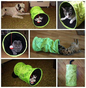 Cat Printed Green Lovely Crinkly Kitten Tunnel Toy With Ball